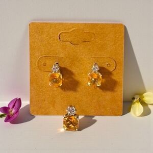 Citrine and Diamond Stud Earrings & Necklace Pendant Set
